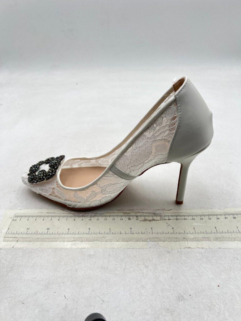 White Crystal Lace Pointed Toe High Heel Wedding Pumps Shoes